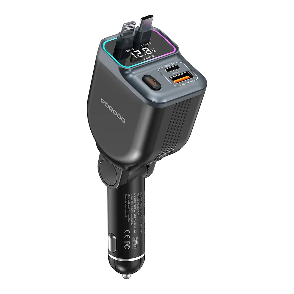Porodo 65W Car Charger Dual Retractable Cable - Black