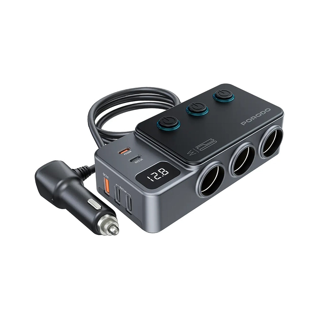 Porodo 120W Car Charger Hub Triple-Port Lighter Socket