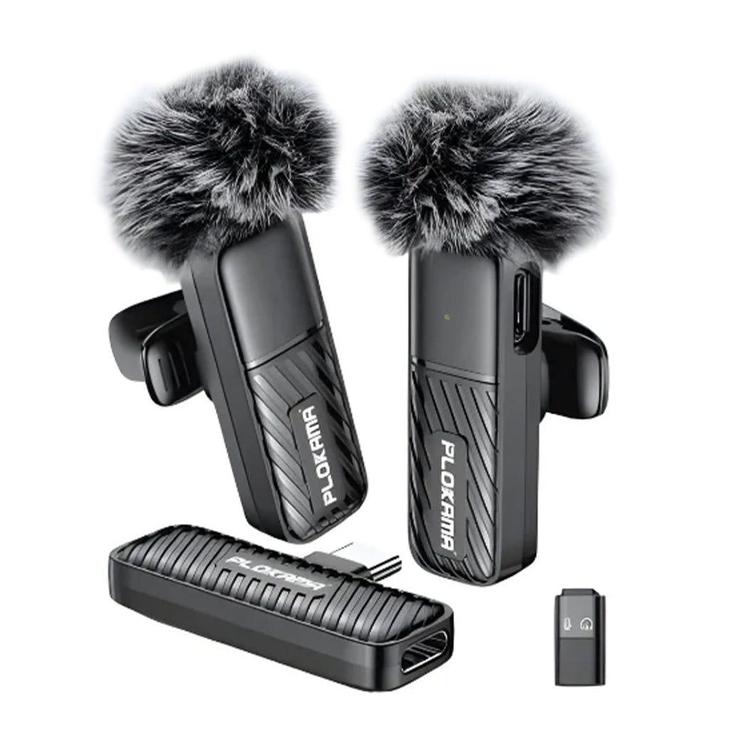 PLOKAMA VM-20 Wireless Clip-On Lavalier Microphone, Plug and Play, Dual Type-C and Lightning Microphones