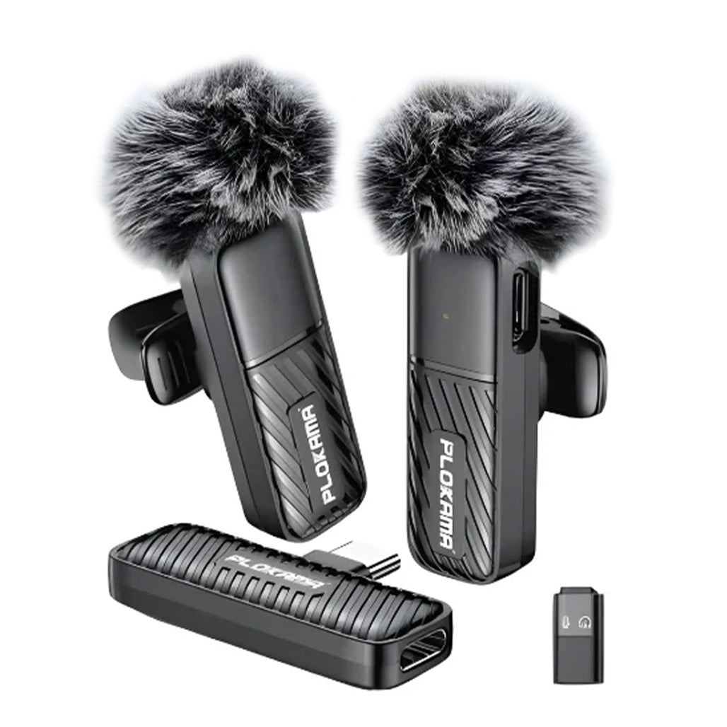 PLOKAMA VM-20 Wireless Clip-On Lavalier Microphone, Plug and Play, Dual Type-C and Lightning Microphones