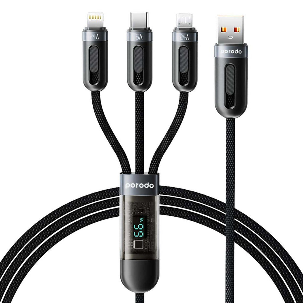 Porodo 3-IN-1 Digital-Display Fast Charging 1.2M Cable A to C+L+M