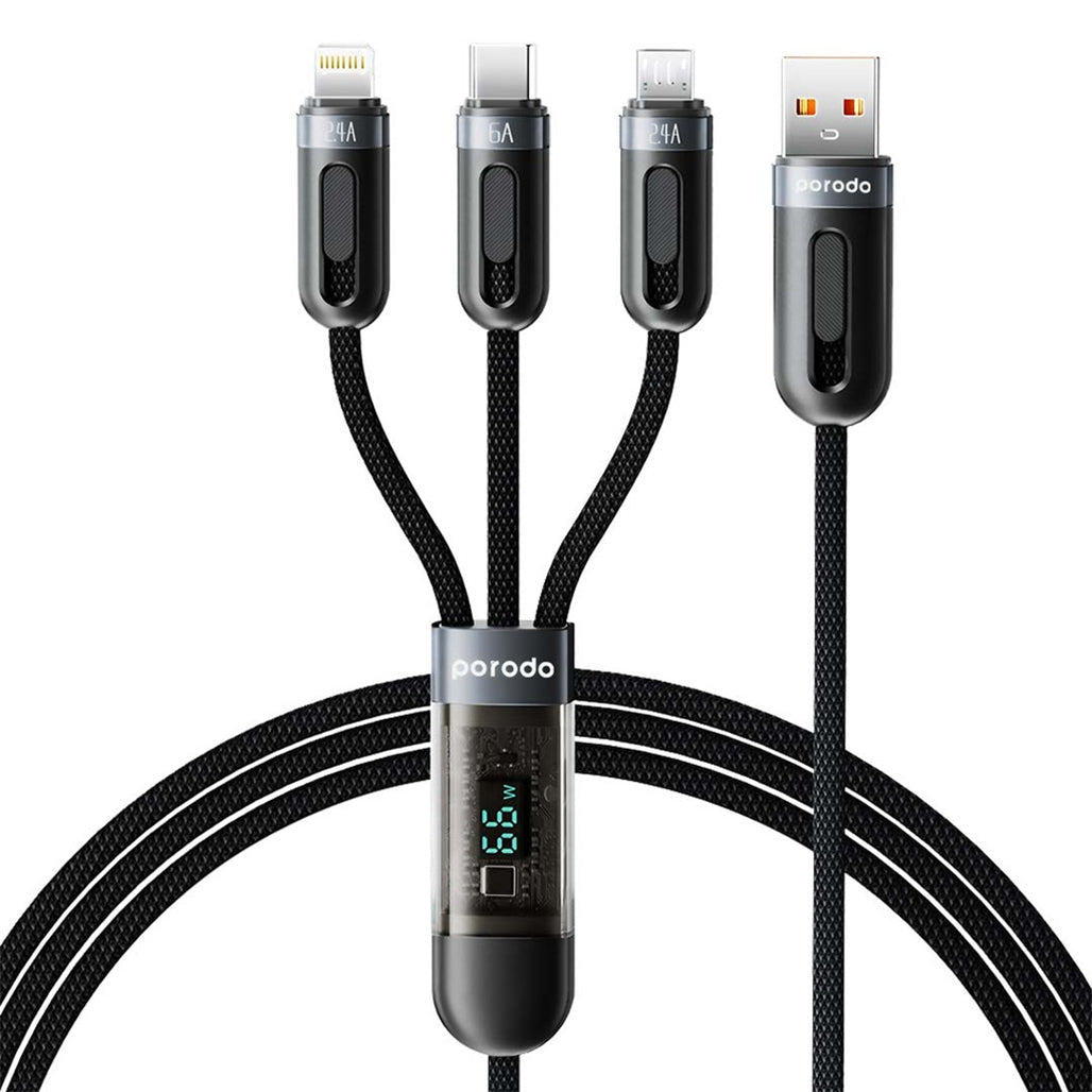 Porodo 3-IN-1 Digital-Display Fast Charging 1.2M Cable A to C+L+M