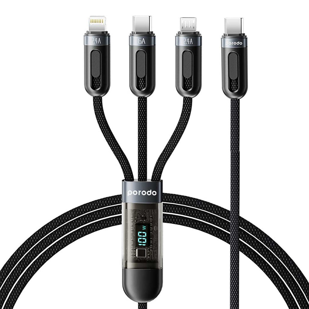 Porodo 3-IN-1 Digital-Display Fast Charging 1.2M Cable A to C+L+M