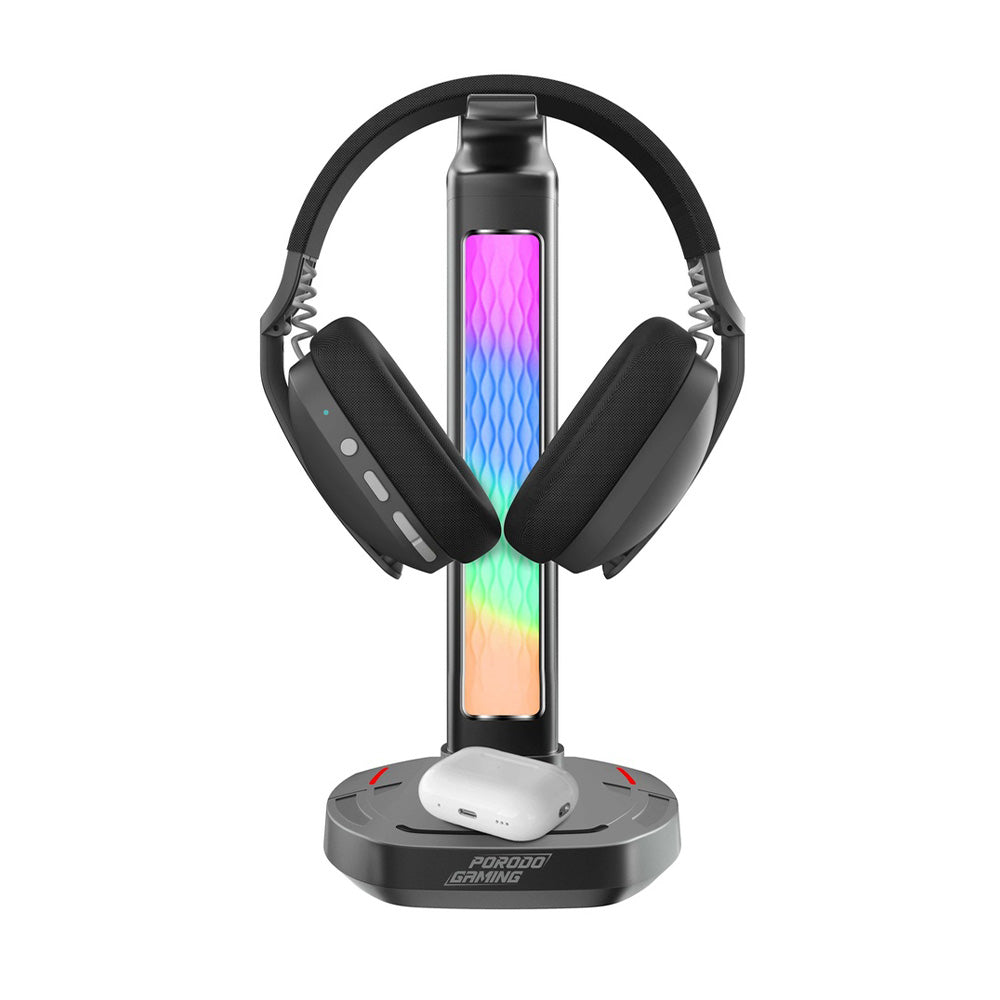 Porodo Gaming RGB Headphone Stand, Wireless Charging & USB-C Hub with Screen Lamp 5W