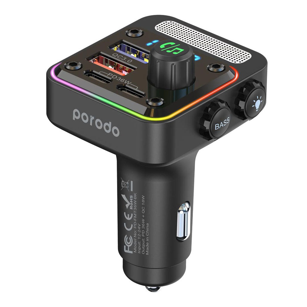 Porodo Quick-Charge FM Car Charger ( Dual USB-C & USB-A ) PD 36W|Black