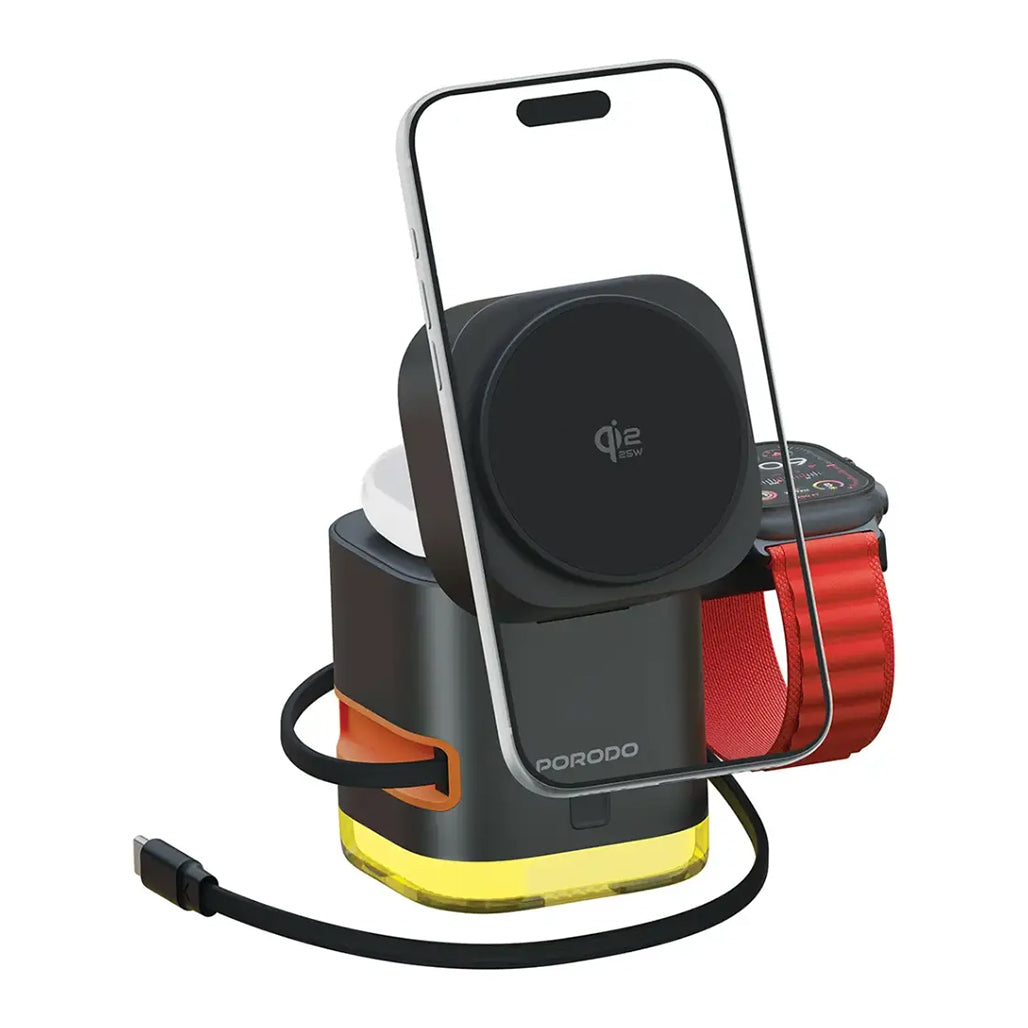 Porodo Xpert 5-In-1 Retractable Wireless Charger with LED Light - BlK