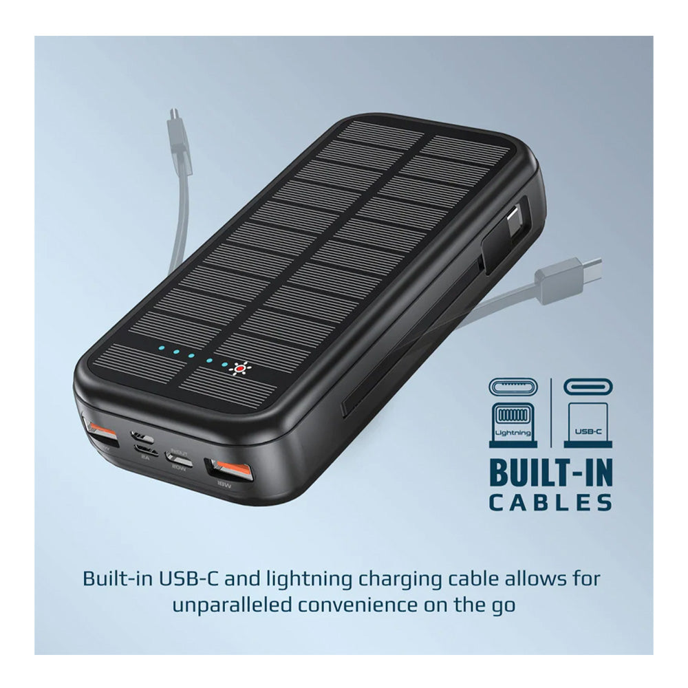 Promate 20000mAh EcoLight Solar Power Bank with Built-in USB & Lightning Cable