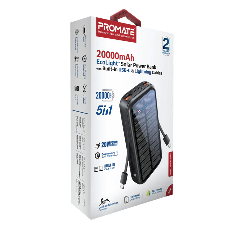 Promate 20000mAh EcoLight Solar Power Bank with Built-in USB & Lightning Cable