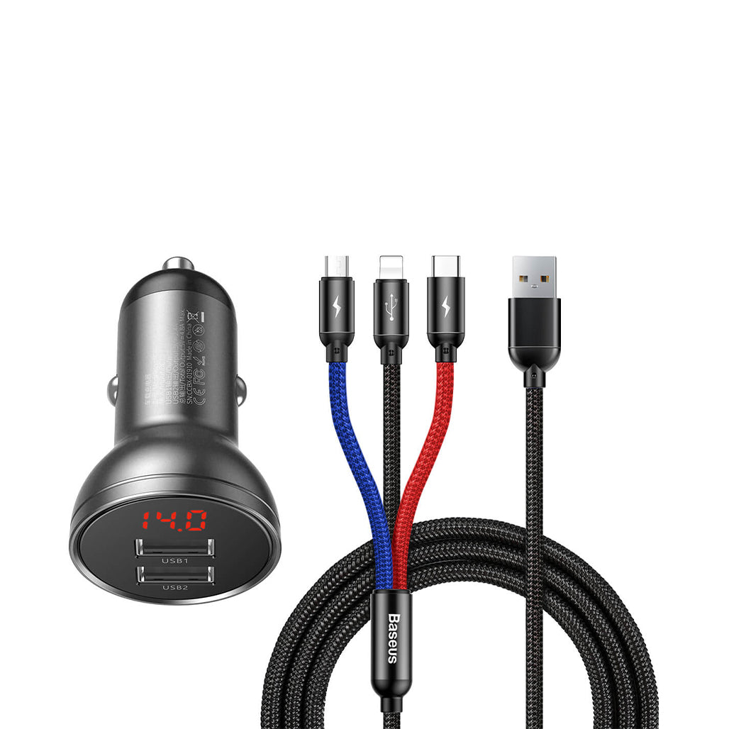 Baseus Car Charger Dual USB 4.8A 24W with 3-in-1 Cable 1m