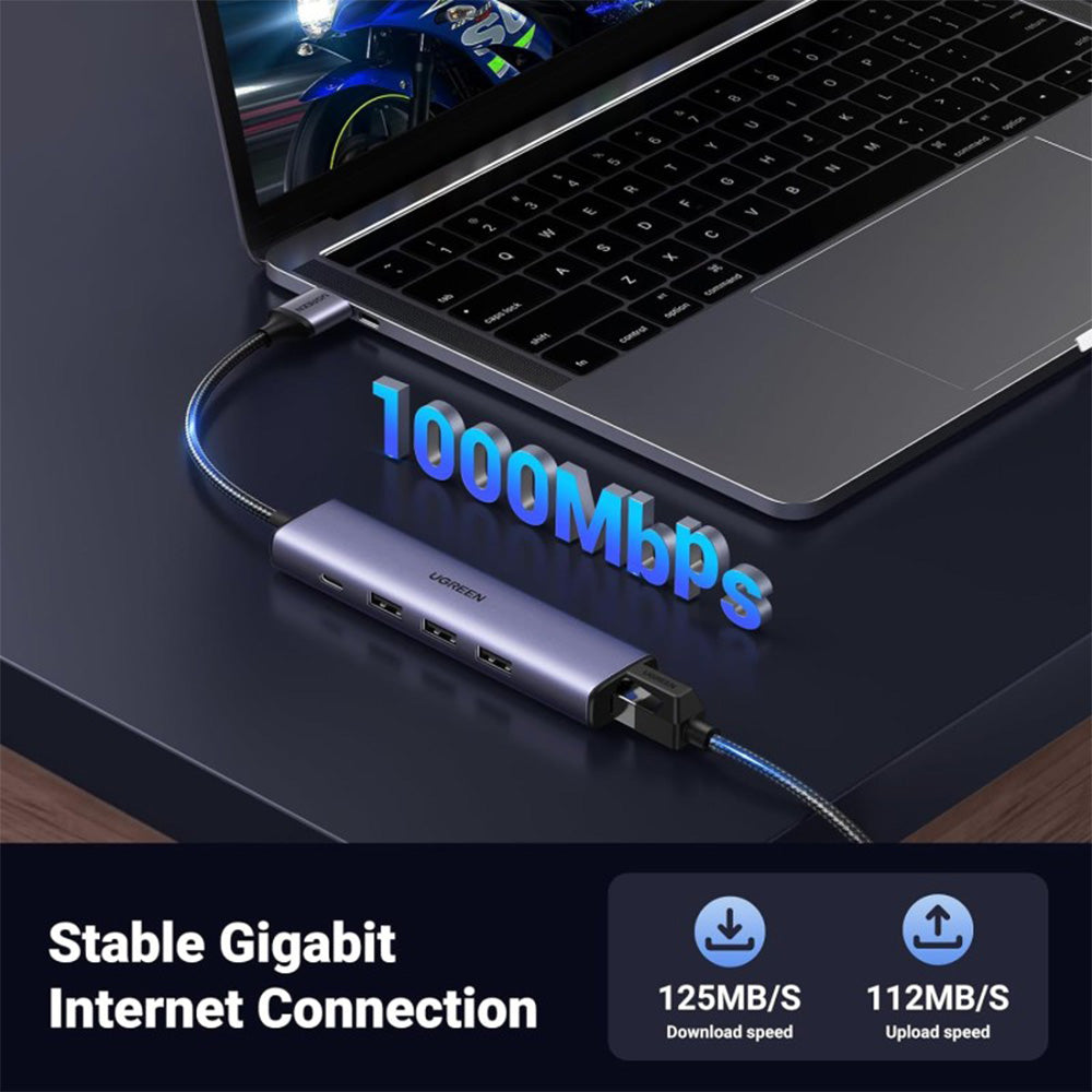 UGREEN USB 3.0 to Ethernet Adapter, 5 in 1 Multiport Hub