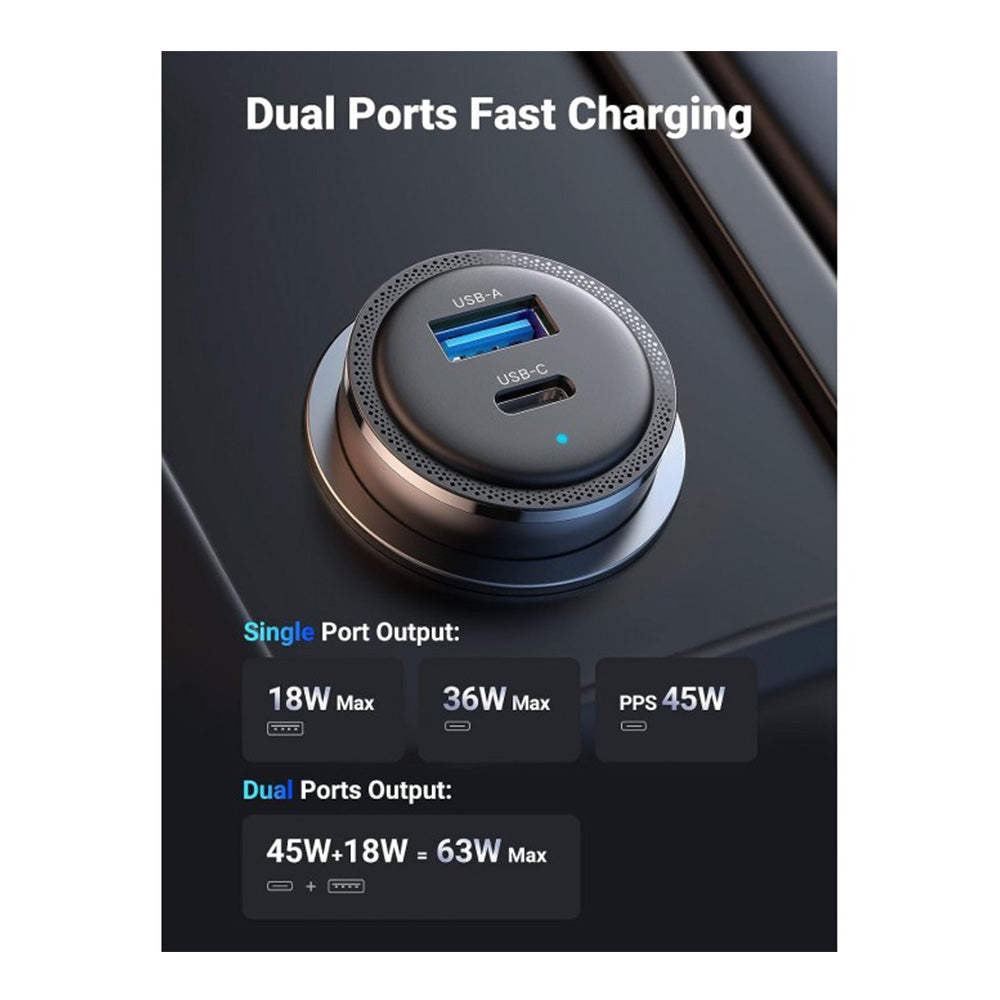 UGREEN 2 Ports Car Charger Adapter USB-C & USB-A 63W