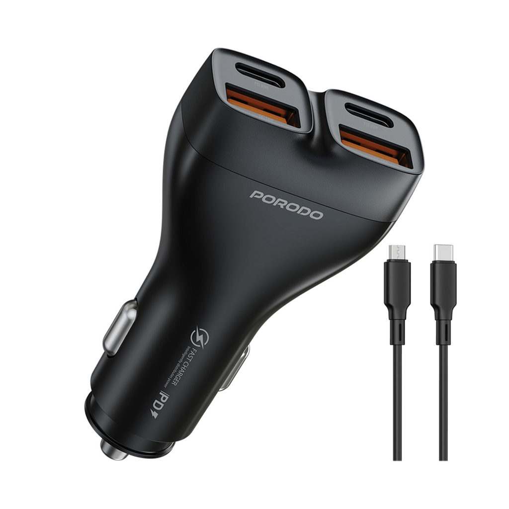 Porodo Dual Power Car Charger with USB-C Cable - PDFWCH085CBK