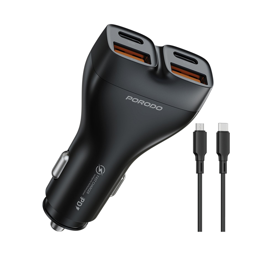 Porodo Dual Power Car Charger with USB-C Cable - PDFWCH085CBK