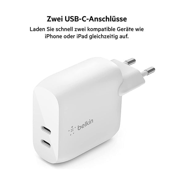 Belkin, WCB006VFWH 40W USB-C PD Home Charger Dual USB-C Ports, 20W Per Port, Power Delivery Charging for iPhone 13, 13 Pro, 13 Pro Max, iPhone 13 mini and Earlier, iPad Pro, Galaxy, and More