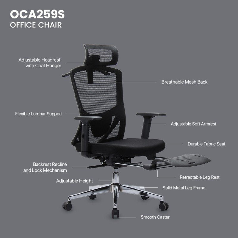 Fantech OC-A259s: Ultimate Comfort & Heavy-Duty Chair with Lumbar Support, Retractable Leg Rest, Metal Base, 2D Armres