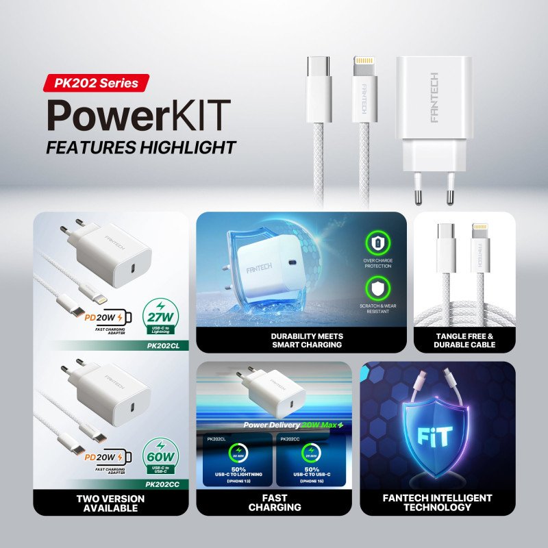 Fantech Power Kit PK202CL – 20W PD Fast Charging USB-C Charger + 1M USB-C to Lightning Cable