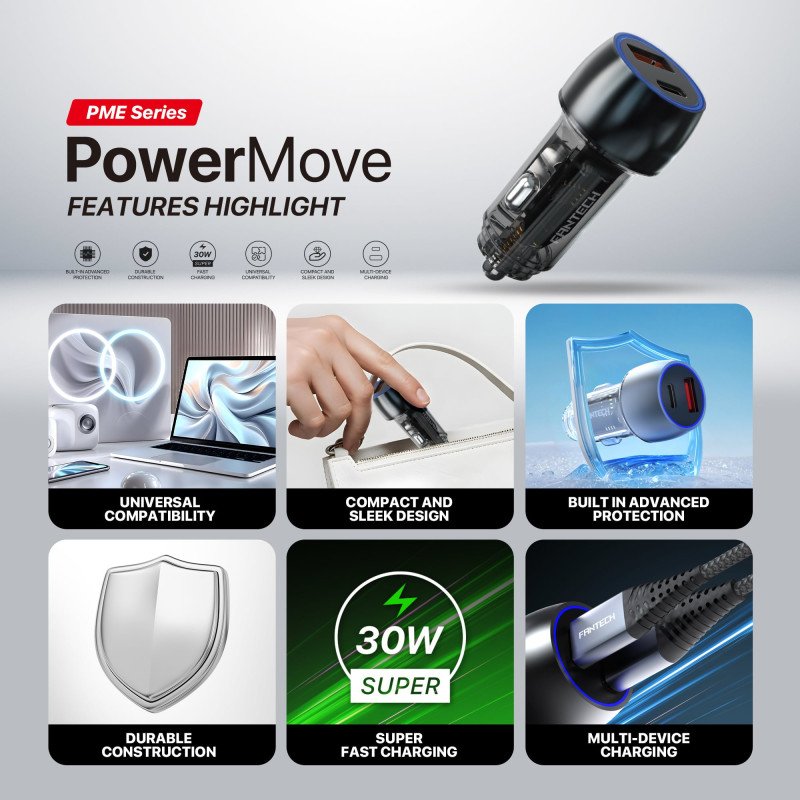Fantech POWERMOVE PME302 Dual Port Car Charger - Total 45W Power
