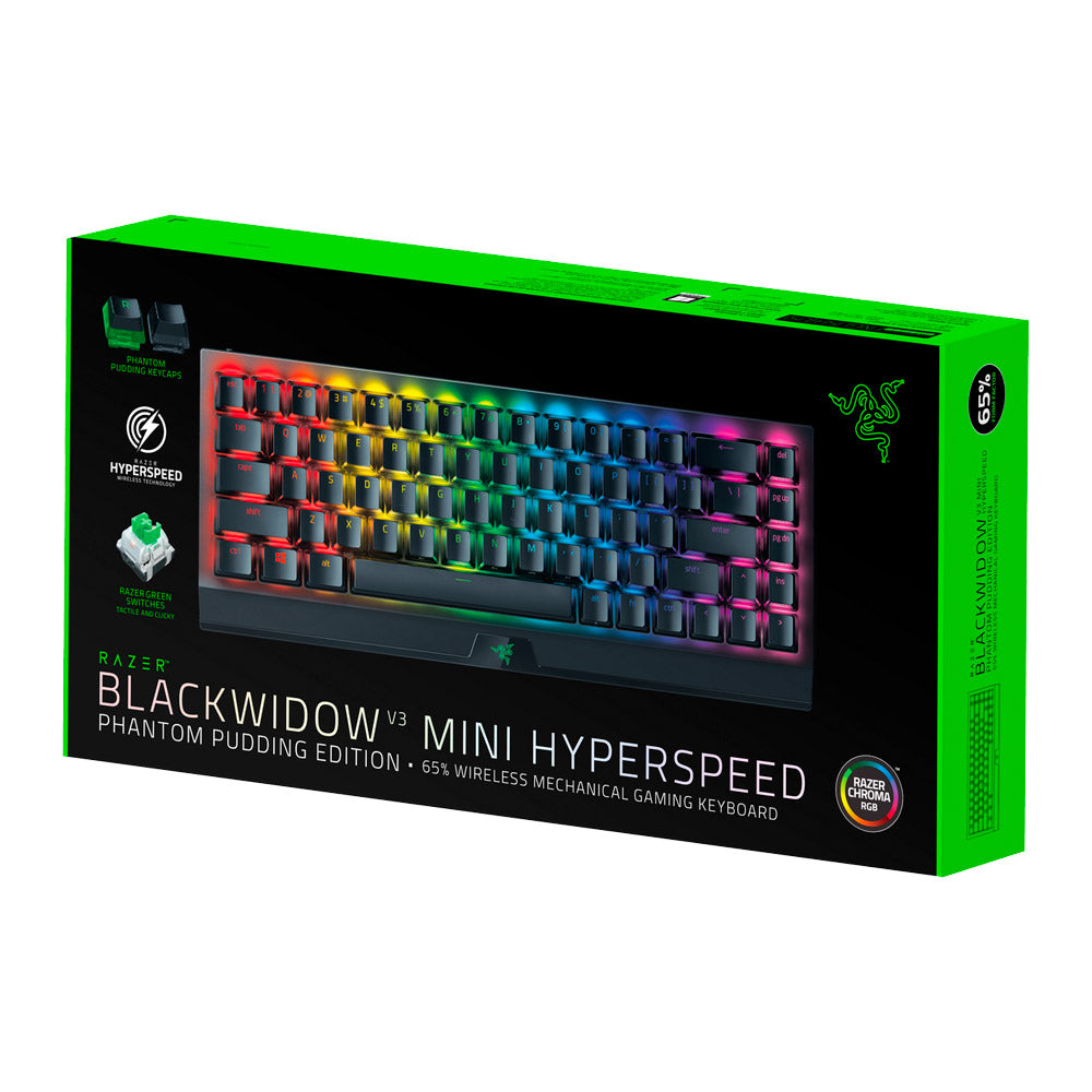 Razer-BlackWidow V3 Mini Hyperspeed Phantom Edition 65% Wireless Mechanical Green Clicky Tactile Switch Gaming Keyboard - Black