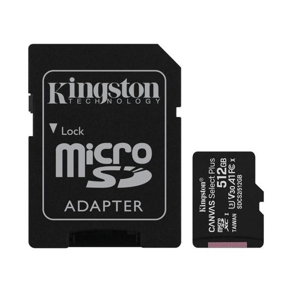 Kingston 512GB microSDXC Canvas Select Plus microSD Memory Card V30 Speed 150MB/s Read A1 Including SD Adapter - SDCS3/512GB, with 5 Years