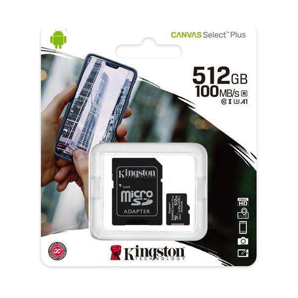 Kingston 512GB micSDXC Canvas Select Plus 100R A1 C10 Card + ADP, SDCS2/512GB, with 5 Years