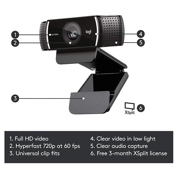 Logitech C922 Pro Stream Webcam 1080P Camera for HD Video Streaming & Recording 720P at 60Fps - 960-001088