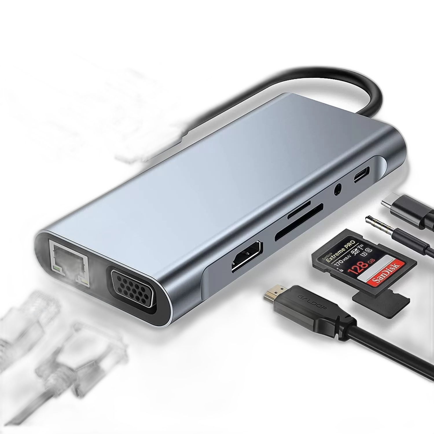 11 in 1 USB C Hub Adapter with HDMI, VGA, 4 USB, Type C, SD/TF Reader, LAN, AUX