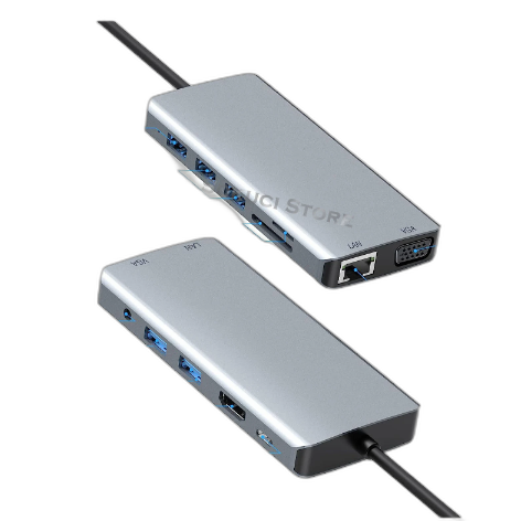 12 in 1 USB C Hub Adapter with HDMI, VGA, 5 USB, Type C, SD/TF Reader, LAN, AUX