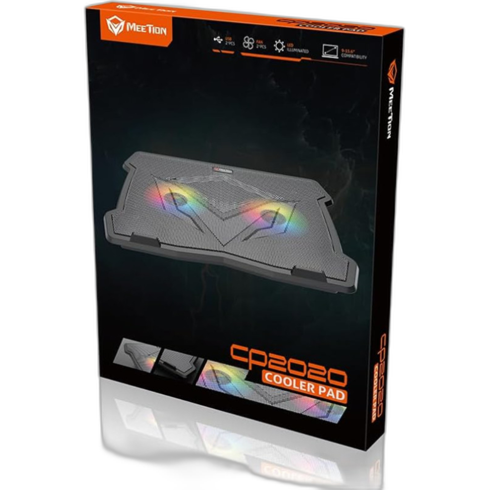 MEETION CP2020 Gaming Laptop Cooling Pad | Dual Fans, RGB LED, 2-Level Height Adjustable, USB Powered, Aluminum Top – For 9–14" Laptops | Expert-Zone