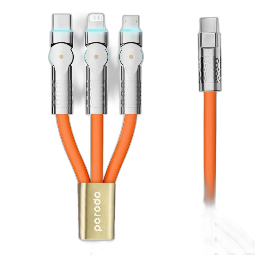 Porodo PD100W - 3-in-1 Cable 180 Degrees Rotation: 1.2M - Orange