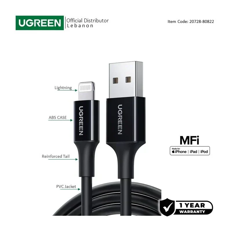 UGREEN USB-A to Lightning Cable, MFI Apple Certified, Fast Charging, 1M - US155 80822 20728