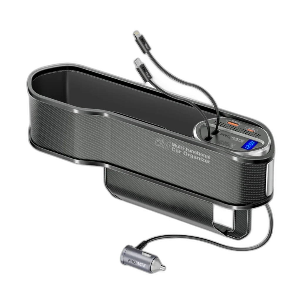 Promate CarMate-RPD 65W Multi-Functional Car Organizer and Charging Station with USB-C & Lightning Retractable Cables