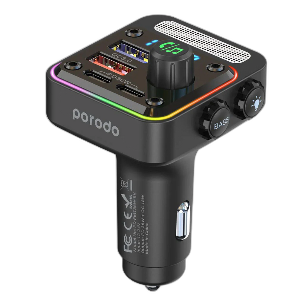 Porodo Quick-Charge FM Car Charger ( Dual USB-C & USB-A ) PD 36W|Black