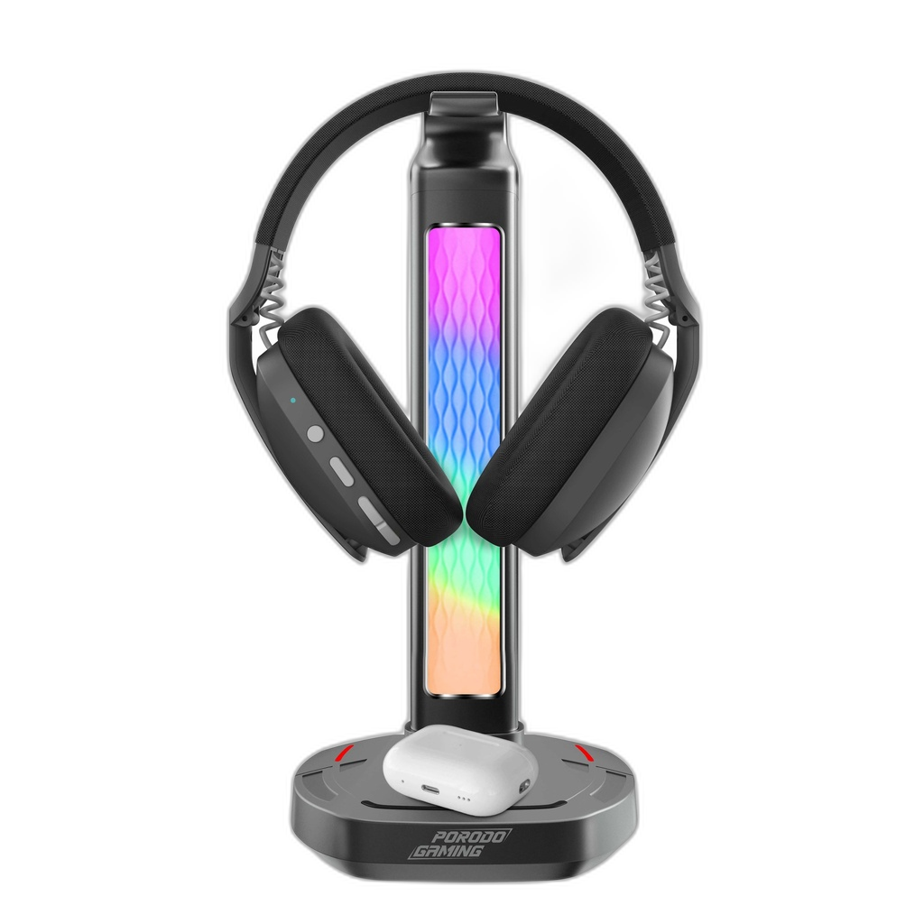 Porodo Gaming RGB Headphone Stand, Wireless Charging & USB-C Hub with Screen Lamp 5W
