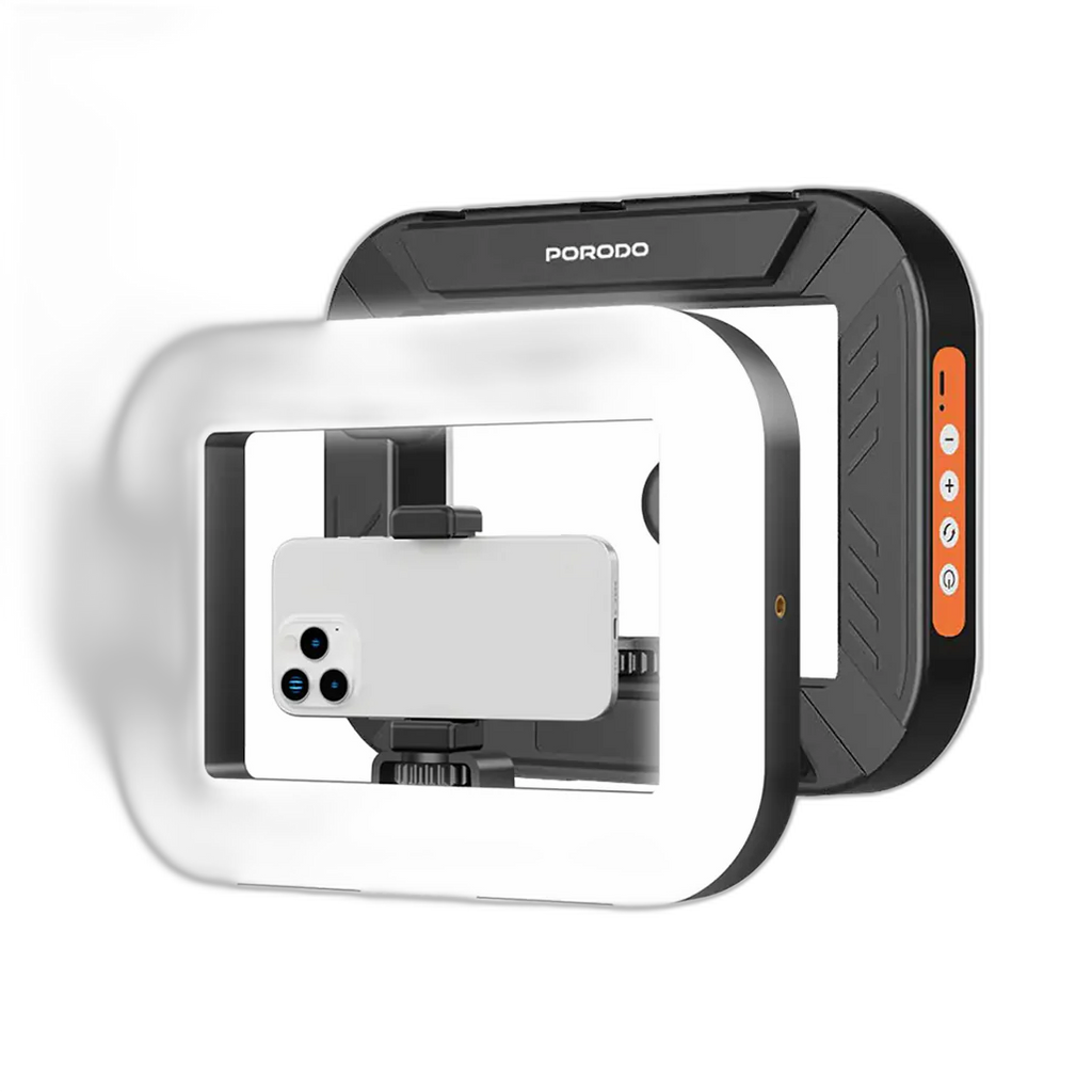 Porodo Lifestyle Handheld Ring Grip Camera & phone vlogging light with Desktop support & Phone clamp - Black