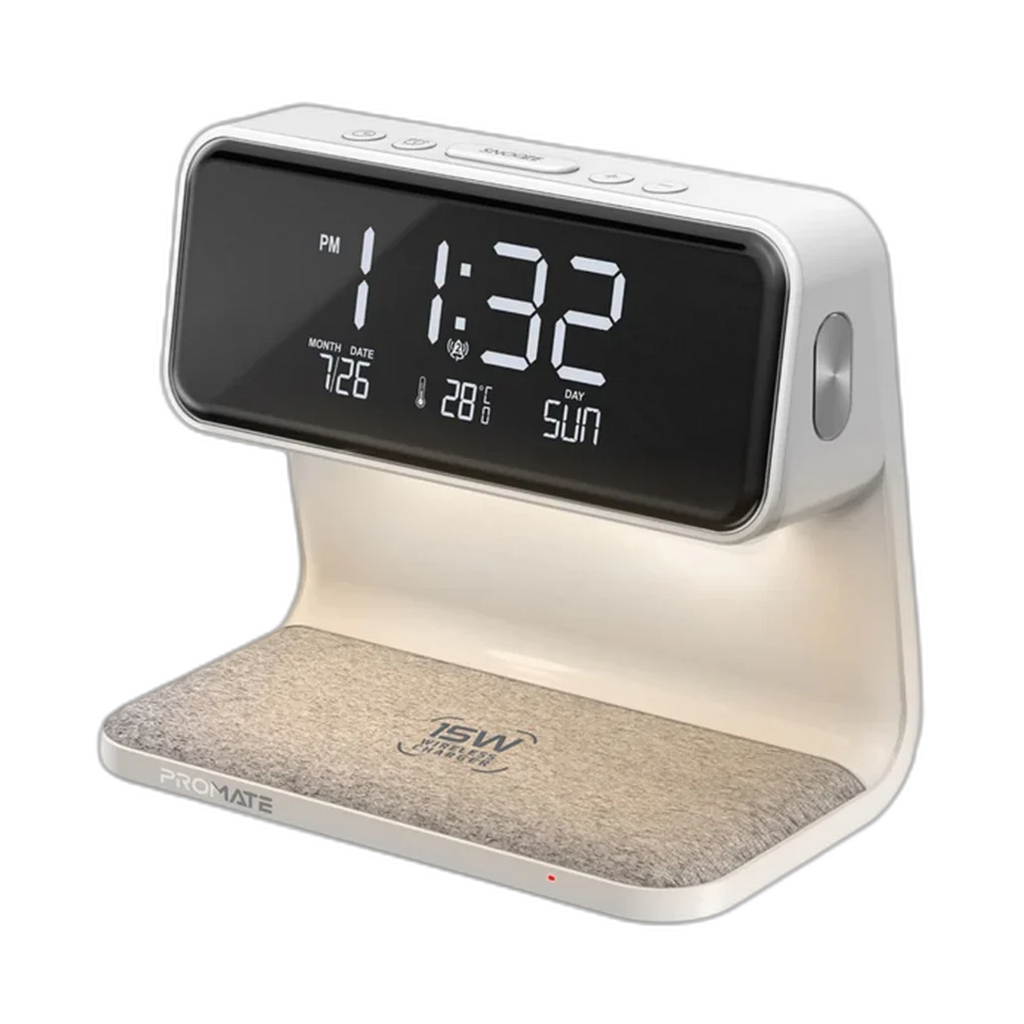 Promate Multi-Function LED Alarm Clock - 15W Wireless Charger