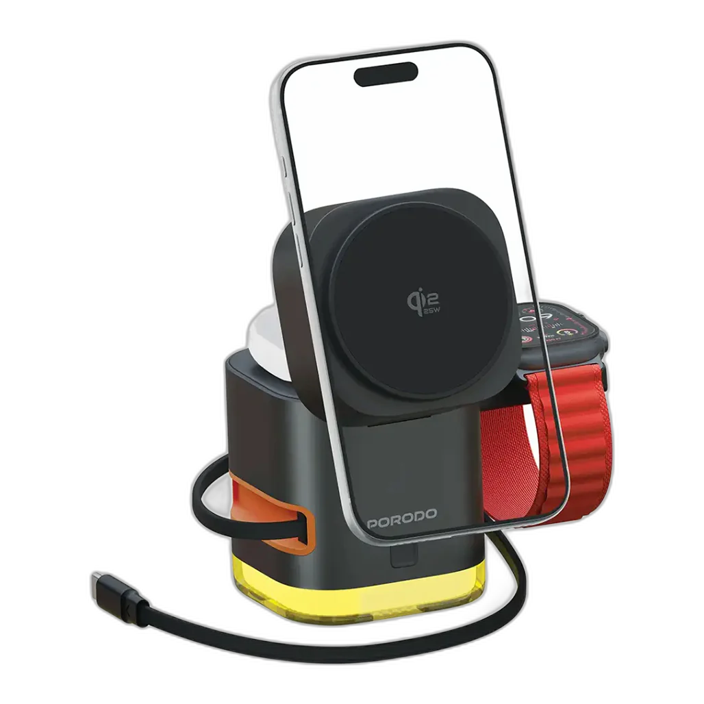 Porodo Xpert 5-In-1 Retractable Wireless Charger with LED Light - BlK