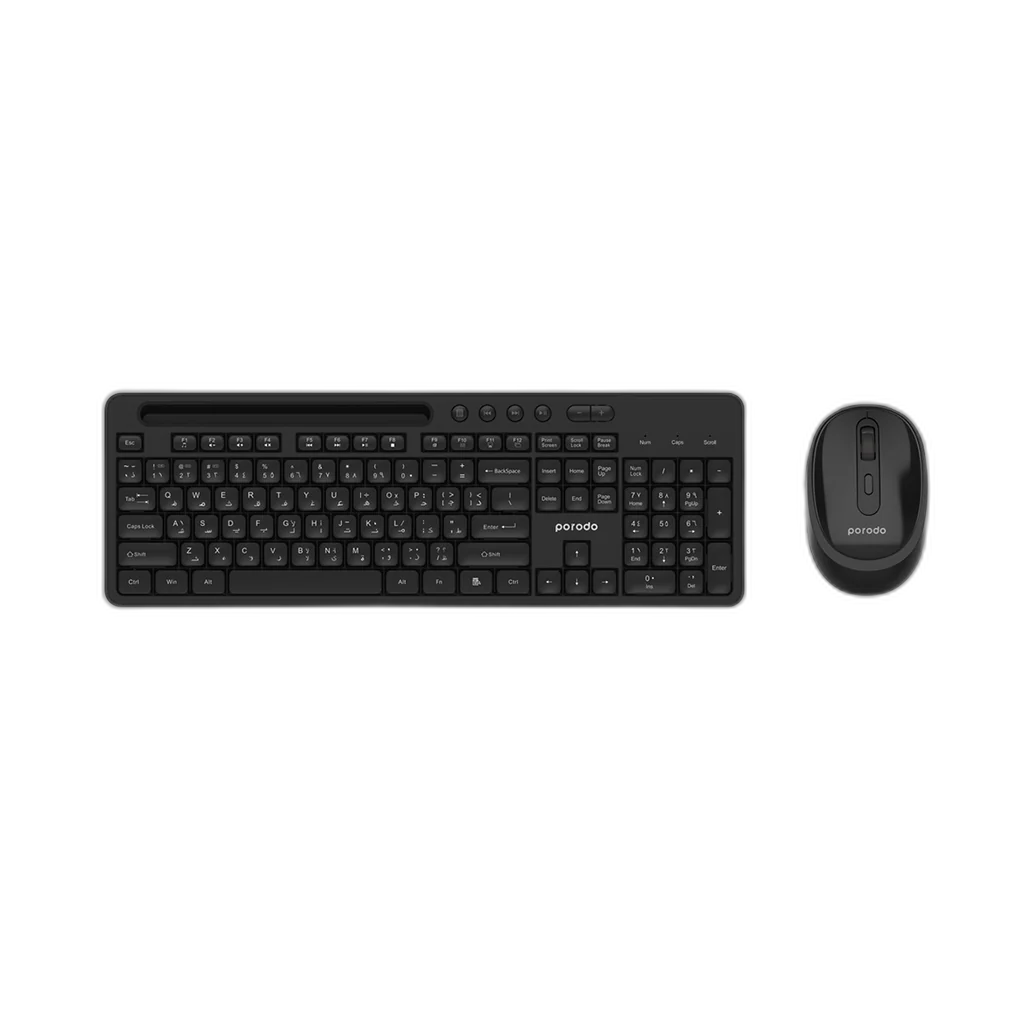 Porodo Wireless 2.4G+BT Keyboard with Pen/Phone Tray and Mouse - Black