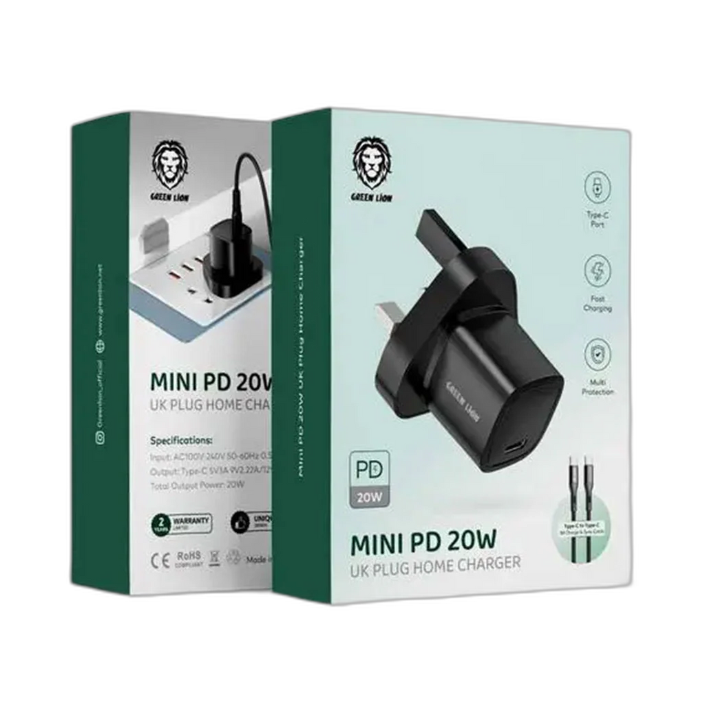 Green Lion Mini PD 20W UK Plug Home Charger - Type-C to Type-C