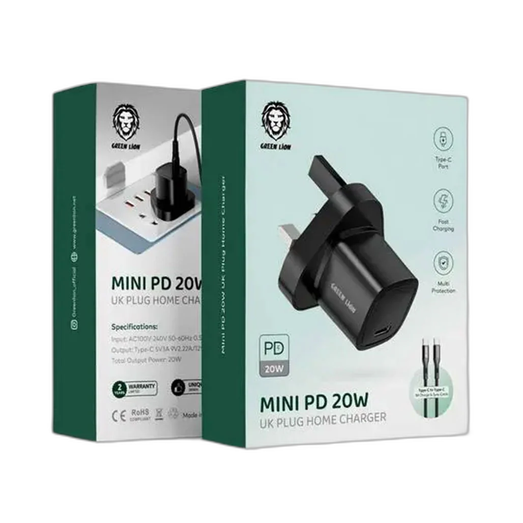 Green Lion Mini PD 20W UK Plug Home Charger - Type-C to Type-C