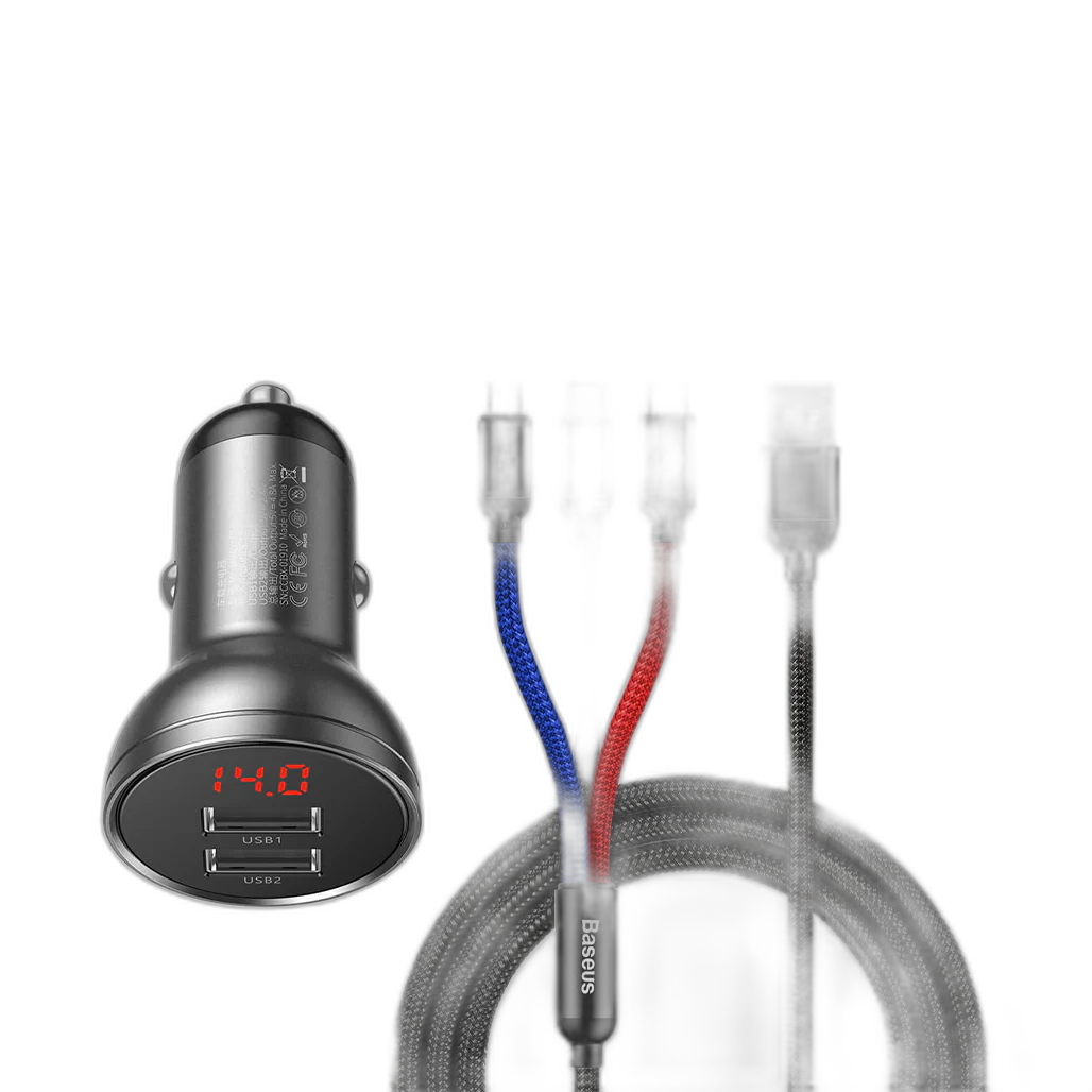 Baseus Car Charger Dual USB 4.8A 24W with 3-in-1 Cable 1m