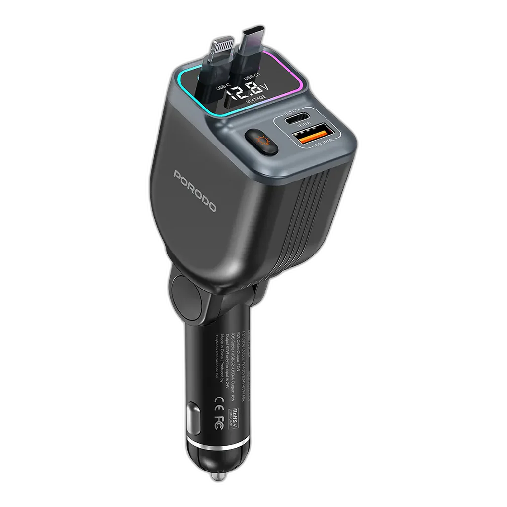 Porodo 65W Car Charger Dual Retractable Cable - Black