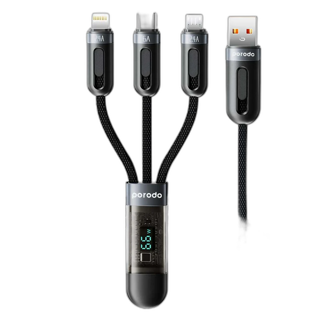 Porodo 3-IN-1 Digital-Display Fast Charging 1.2M Cable A to C+L+M