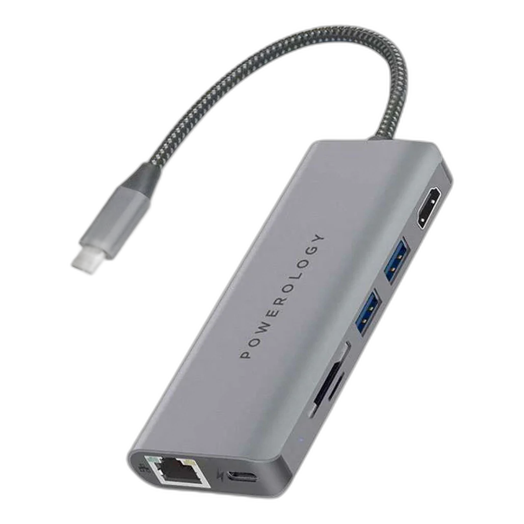 Powerology 7 in 1 USB-C Hub Ethernet & HDMI with PD 87W.