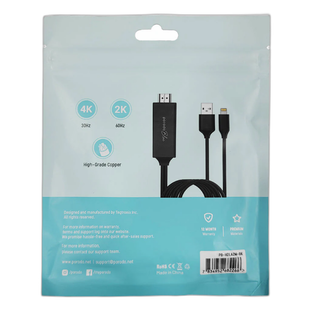 Porodo Blue PB-HDLA2M-BK Lightning to HDMI Ultra HD