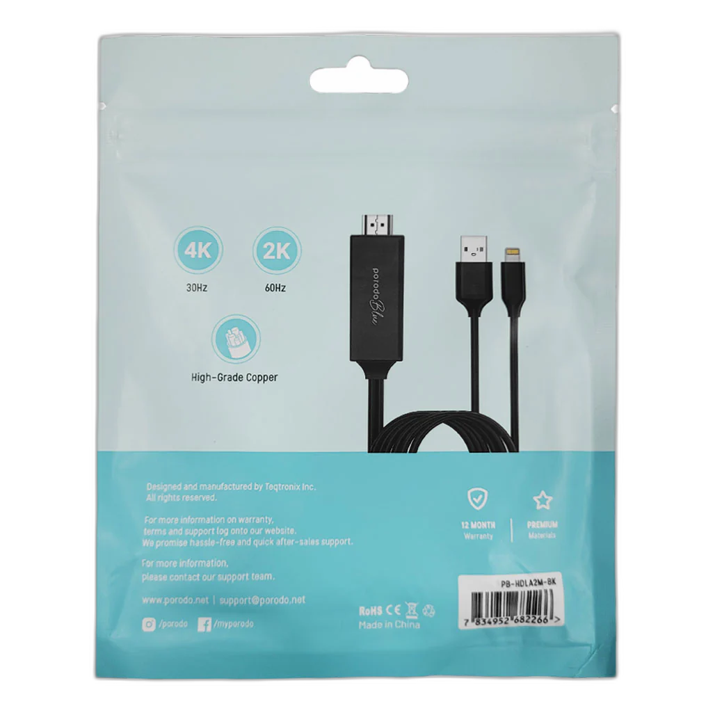 Porodo Blue PB-HDLA2M-BK Lightning to HDMI Ultra HD