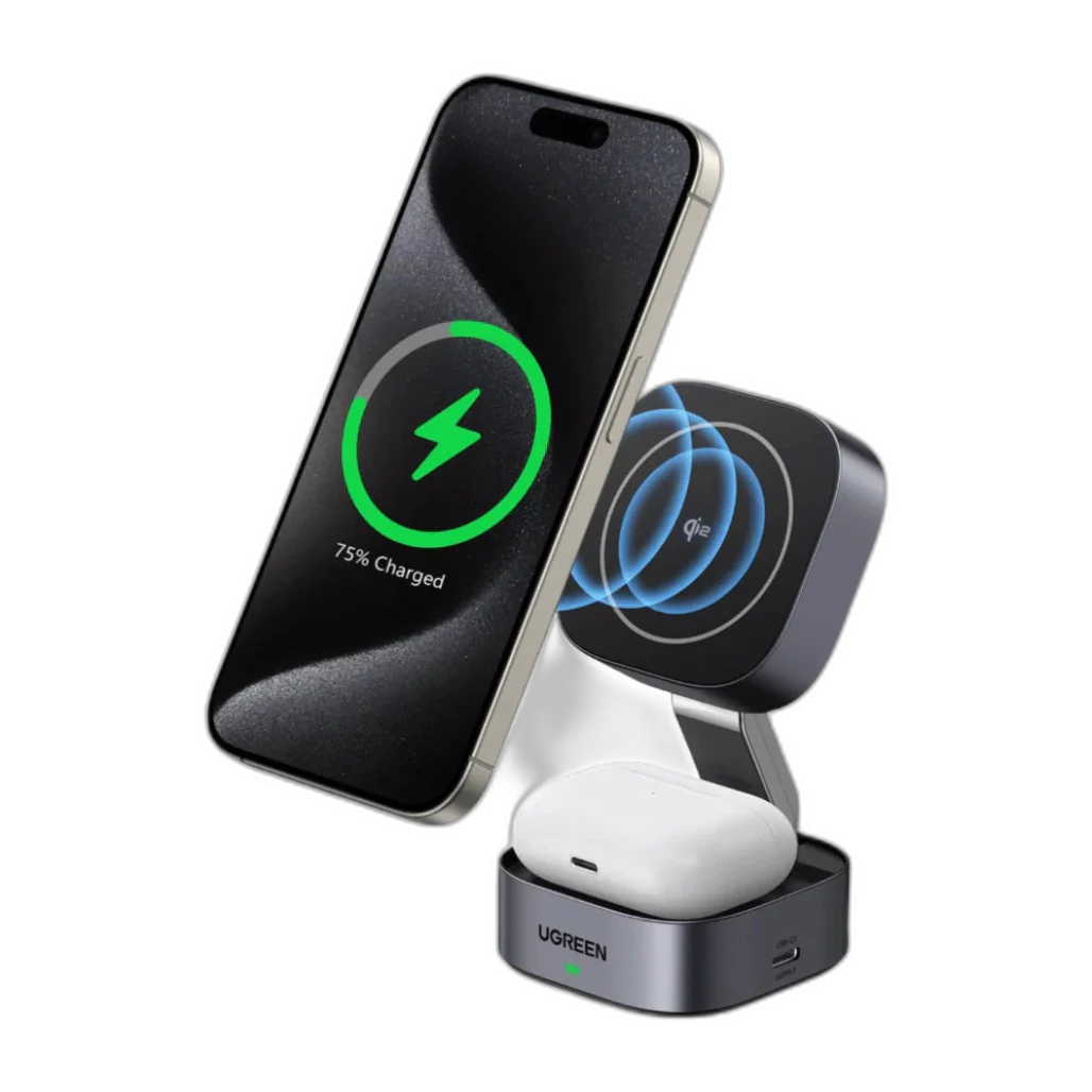 Ugreen 35316 MagFlow 2-in-1 Wireless Charger (Qi2 15W, MagSafe Compatible, Foldable)