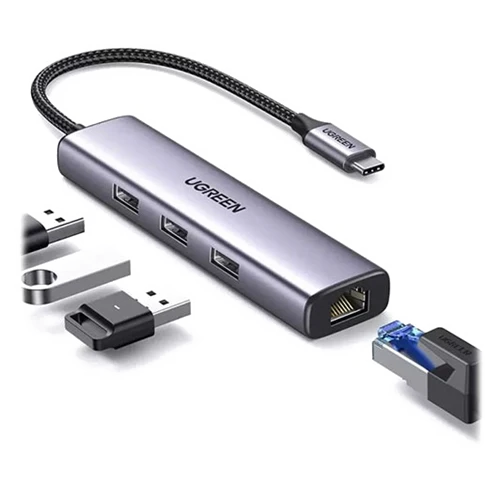 UGREEN USB 3.0 to 3- Port USB 3.0 Hub with RJ45 Gigabit Ethernet Port and Type-C Power Port, Stable Transmission - CM475 60554