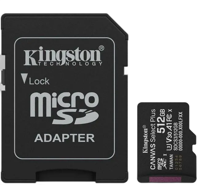 Kingston 512GB microSDXC Canvas Select Plus microSD Memory Card V30 Speed 150MB/s Read A1 Including SD Adapter - SDCS3/512GB, with 5 Years