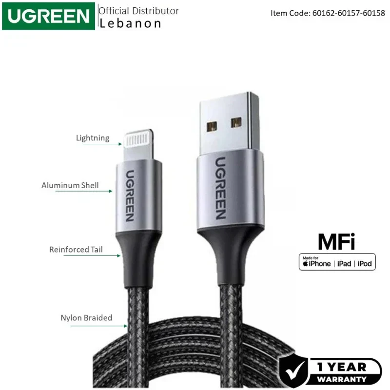 UGREEN USB-A to Lightning Braided Cable & Aluminum Body, MFI Apple Certified, Fast Charging 1.5M, 2M - US199 60162 60157 60158