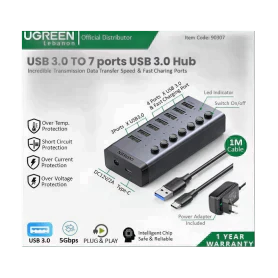 Ugreen usb 3.0 To 7 Ports Usb 3.0 Hub, 4 Fast Charging Ports Supplied (Data Transfer Up To 5 Gbps) 90307
